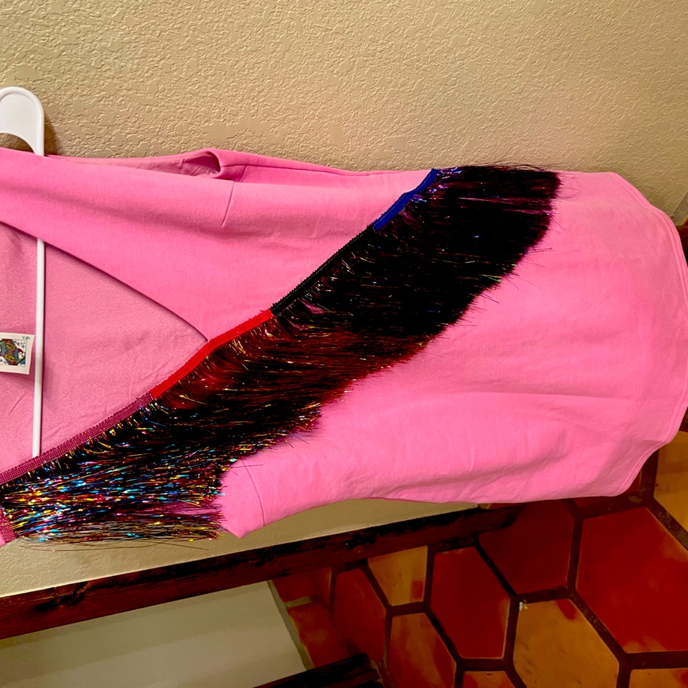 Queen of Sparkles diagonal rainbow metallic fringe tinsel sash pink dress size L